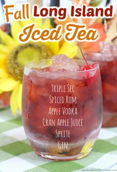 fall long island iced tea recipe in a glass on a table with sunflowers