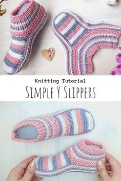 two pictures showing the steps to crochet slippers with text overlay that reads, knitting pattern simple striped slippers