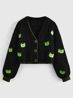 Frog Embroidery Drop Shoulder Cardigan, School Multicolor Casual  Long Sleeve Knitwear Cartoon  Slight Stretch  Women Clothing, size features are:Bust: ,Length: ,Sleeve Length: Frog Embroidery, Shoulder Cardigan, Drop Shoulder Cardigan, Clothing Design Sketches, Áo Len Cardigan, Vibe Clothes, Really Cute Outfits, Kawaii Clothes, Cute Sweaters