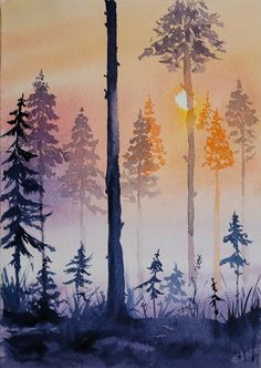 a painting of trees with the sun setting in the background