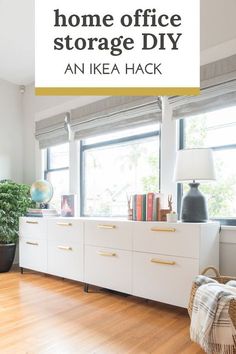 an ikea hack with the words home office storage diy in front of it