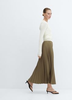 Pleated long skirt - Woman | MANGO USA Long Sweater Skirt, Long Pleated Skirts, Pleated Long Skirt, Pleated Skirts, Long Skirts For Women, Slovenia, Long Sweaters, Sweater Skirt, Skirt Length