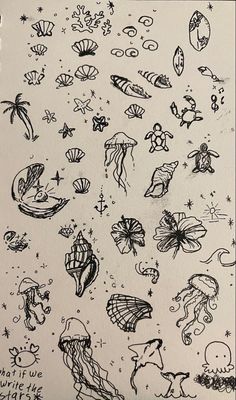 an ink drawing of different sea creatures