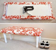 two pictures of a bench with a pair of shoes on it and the bottom one has a sewing machine attached to it