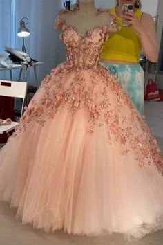 Princess Sparkly Sweetheart Prom Dresses with 3d Flowers, Pink Quinceanera Dresses Elegant Quince Dresses, Dresses With 3d Flowers, Pink Quinceanera Dresses, Pink Quinceanera, Quinceanera Dresses Pink, Pink 3d, Quince Dress, Tulle Sleeves, Sweetheart Prom Dress