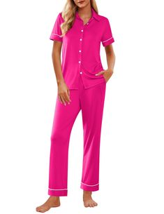 PRICES MAY VARY. SUPER COMFORTABLE PAJAMAS: 2 piece lounge set is made of 95%Polyester 5% Spandex fabric, which is ultra soft, lightweight and stretchy. makes you comfortable in the lounge and sleeping time. STYLE: Two Pieces Pajama Sets with short-sleeved tops and long pants. Superior stitching, perfectly-lined hems, not easy to be deformed or got faded, safe and healthy. Enjoy the sleep peacefully, and the life that occupy the home. PJ TOP: Short-sleeve pajama top has a notch collar, button fr Relaxed Fit Sleepwear With Buttons For Loungewear, Relaxed Fit Button-up Loungewear Sets, Relaxed Fit Sleepwear With Buttons, Casual Button-up Sleepwear For Lounging, Pink Button-up Sleepwear For Pajama Party, Cotton Loungewear Sets With Button-up Shape, Casual Sleep Sets With Buttons, Pink Button-up Sleepwear For Loungewear, Casual Sleepwear Sets With Buttons