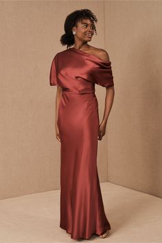 Silky and off-the-shoulder, this column gown evokes elegance and simplicity while offering easy movement. Mother Of The Bride Outfit, Guest Attire, Column Dress, Mothers Dresses