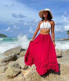 "Red Skirt, Red Skirt for Women, Plus Size Skirt, Boho Skirt Beautiful long cotton skirt, Flamenco raw fringe hemline, stunning beauty. Sizing: Made in one size to fit S to XXL / US: 4/6/8/10/12/14/16 Measurement; Elastic waist 26-40\" Hip max 52\" Length 41\" Bottom hem circumference 74\" or almost 2 meters around. **Model Western is a size US 10. 34\" bust, 39\" hip. 164 cm tall** **Model Asian is a size US 6. 33\" bust, 36\" hip. 165 cm tall** Description: Stunningly beautiful maxi skirt made Crochet Top Beach, Beach Crochet Top, Halter Crochet Top, Crochet Top Halter, White Boho Skirt, Crochet Top Summer, Knitted Halter Top, White Skirt Summer, Long Cotton Skirt