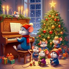 a painting of mice playing the piano in front of a christmas tree