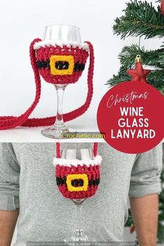 a crocheted wine glass holder with a christmas ornament hanging from it