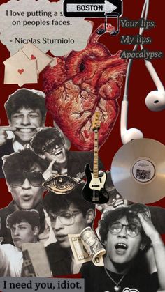 a collage of photos with music and other things on it, including an electric guitar