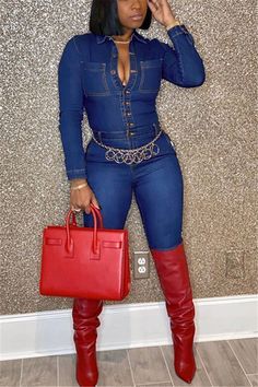 Style Bleu, Slim Jumpsuit, Look Festival, Jeans Overall, Fitted Jumpsuit, Blue Jumpsuits, Red Boots, Long Sleeve Jumpsuit, Waist Chain