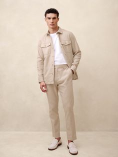 Slim Linen-Blend Shirt Jacket | Banana Republic Factory Beige Outfit Men, Mens Dressy Casual, Gender Reveal Outfit, Party Dress Codes, Engagement Picture Outfits, Tan Trousers, Bday Gifts, White Shirt Men, Engagement Picture