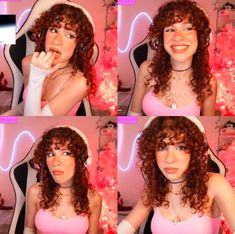 four different pictures of a woman with curly hair wearing a pink top and white gloves