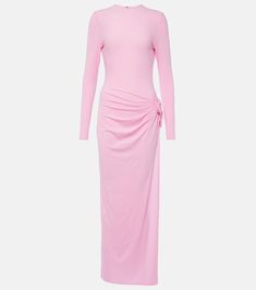 Draped midi dress in pink - Magda Butrym | Mytheresa Pink Bodycon Dress In Elastane, Chic Pink Elastane Dresses, Ruched Sheath Midi Dress, Sheath Stretch Ruched Maxi Dress, Stretch Ruched Sheath Maxi Dress, Summer Pink Midi Dress In Elastane, Ruched Elastane Midi Bodycon Dress, Ruched Bodycon Midi Dress, Ruched Elastane Maxi Dress