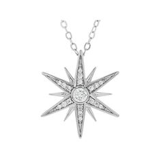 Bella Luce ® white diamond simulant 0.55ctw round, rhodium over sterling silver star pendant with chain. Pendant measures approximately 0.81"L x 0.75"W and has a 1mm bail. Includes an 18" cable chain with a spring ring closure. The diamond equivalent weight is 0.32ctw. Silver Star-shaped Diamond Necklace With Accents, Sterling Silver Star-shaped Diamond Necklace, Sterling Silver Star Diamond Necklace With Accents, Sterling Silver Star Diamond Necklace, Silver Starburst Jewelry With Diamond Accents, Star-shaped Silver Diamond Necklace For Anniversary, Silver Star-shaped Diamond Necklace For Anniversary, Anniversary Silver Star-shaped Diamond Necklace, North Star Tattoo