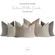 four pillows with the text hackner home sewn and pillow collection just for you