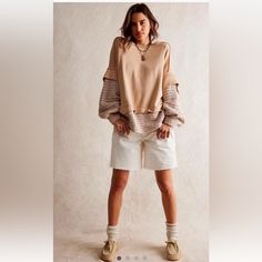 Free People Holly Twofer Pullover Sweatshirt Chunky Knit Tan Combo Oversized * Crochet Knit Sleeves & Bottom * Sweatshirt Body New Without Tags * Size: Small Retail Price: $168.00 58% Cotton * 42% Polyester 50" Around Bust 29" Long Neutral Tops With Ribbed Cuffs For Fall, Oversized Beige Cropped Sweater, Beige Tops With Ribbed Cuffs For Fall, Trendy Beige Relaxed Fit Sweater, Beige Cropped Sweater For Loungewear, Neutral Knit Long Sleeve Tops, Beige Trendy Knit Top With Relaxed Fit, Combo Color, Knit Sleeve