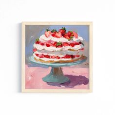 a painting of a cake with strawberries on top