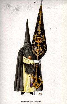 an illustration of a priest in black and yellow robes with a cross on his arm