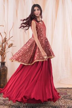 Maroonish red banarasi brocade peplum top with cutdana hand embroidery. Comes with a crepe lehenga. - Aza Fashions Crepe Lehenga, Banarasi Brocade, Maroon Top, Set Women, Aza Fashion, Lehenga, Hand Embroidered, Hand Embroidery, Peplum Top