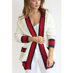 Complete Your Upsacale Athleisure Look With This Soft Knit Cardigan In Beige With Navy And Red Stripe Detailing And Everyones Favorite, 2 Front Pockets. Shell 53% Cotton 49 Viscose 7%Nyl9n White Trendy Cardigan With Ribbed Cuffs, Trendy White Cardigan With Ribbed Cuffs, White Ribbed Casual Cardigan, Casual White Ribbed Cardigan, White Casual Cardigan With Ribbed Cuffs, Trendy White Ribbed Outerwear, Sporty White Long Sleeve Cardigan, Casual Ribbed Cardigan For Day Out, Soft Knit Cardigan