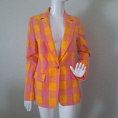 Super Cute! Pink And Orange Blazer, Single Button Front Closure,Two Unopened Front Pockets, Buttons On Cuffs, Silky Pink Interior,Lightly Padded Shoulders. 99%Cotton. Very Little Stretch. Size S Measures: 17½" Pit To Pit,15¾" Shoulder To Shoulder,25½" Shoulder Seam To Cuff And 26½" Neck Seam To Bottom Hem. #Freeassembly Summer Cotton Blazer For Day Out, Fitted Orange Outerwear For Summer, Chic Orange Blazer For Spring, Tailored Pink Summer Blazer, Pink Tailored Blazer For Summer, Summer Office Pink Blazer, Pink Summer Office Blazer, Summer Multicolor Blazer For Workwear, Orange Outerwear For Spring Day Out