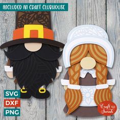 two paper cutouts of gnomes with hats and beards