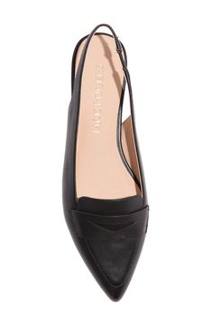 A pointy toe elevates a slingback flat with a sleek, loafer-inspired topline and penny strap. Leather upper and lining/rubber sole Imported Flat Heel Slingback Pumps For Office, Spring Office Slingback Slip-on Pumps, Formal Flat Heel Slingback Pumps, Formal Flat Slingback Pumps, Formal Flat Heel Slingback Sandals, Elegant Flat Slingback Pumps For Office, Elegant Pointed Toe Mules With Rubber Sole, Flat Slingback Pumps For Office, Flat Slingback Pumps For Spring Office Wear