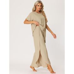 Loose style, can be loungewear and outfits wear, solid color and casual short sleeve shirts and wide-leg pants. Basic but fashionable, and ensuring comfort for all-day wear. These short-sleeved shirt sets feature a round neck and slip wide leg pants, loose fit, adding functionality and style. These pants are high-slip, adding a flowy and fresh feel. Practical loungewear for everyday wear in spring, summer, or fall. With a unique side slip at the pants, a poll on t-shirt style, and good clothes c