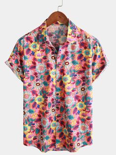 Men's Pink Floral 100% Cotton Breathable Summer Short Sleeve Hawaiian Summer Beach Hawaiian Shirt With Button Closure, Summer Cotton Tops For Outdoor, Cotton Summer Tops For Outdoor, Cotton Tops For Summer Outdoor Activities, Cotton Tops For Summer Outdoor, Pink Button Closure Shirt For Beach, Pink Casual Hawaiian Shirt For Beach, Casual Pink Hawaiian Shirt For The Beach, Casual Pink Hawaiian Shirt For Beach