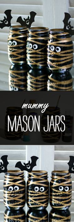 mason jars decorated with black and gold stripes, bats and the words mommy mason jars