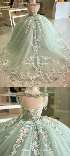 15s Dress, Quince Sage Green, Quincera Dresses, Tiana Quince, Mint Green Prom Dress, Dress Mint Green, Beautiful Prom Dress, Quincenera Dresses, Quinceñera Dresses