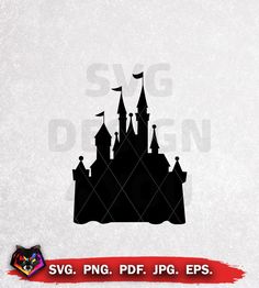 the silhouette of a castle is shown on a white background with red and black paint