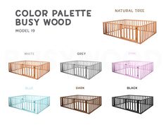 the color palette for this baby crib is shown in different colors and sizes, including pink