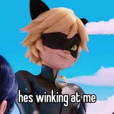 an animated image of a catwoman with the caption he's winking at me