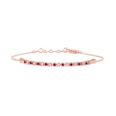 Curate your collection of classic accessories with this gemstone bar bracelet. Crafted in 10K rose gold, this look features a row of petite bright red rubies and shimmering diamond accents in an alternating pattern. Buffed to a brilliant luster, this 7.25-inch cable chain bracelet secures with a lobster claw clasp. Classic Accessories, Bar Bracelet, Peoples Jewellers, Bar Bracelets, July Birthstone, Ruby Diamond, Ruby Gemstone, Gemstone Bracelets, Cable Chain