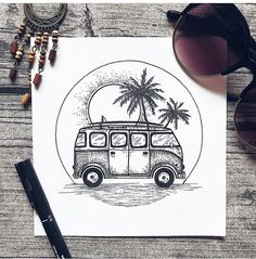 a drawing of a van with palm trees on the roof and sunglasses next to it