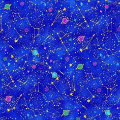 a blue background with stars and planets on it