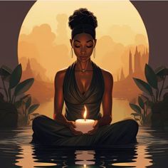 a woman sitting in the water holding a candle