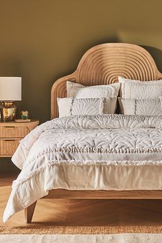 With its elegant stitching, raw edge gauze, and luxurious velvet border, this vintage-inspired quilted bedding collection effortlessly creates a textural dimension that adds a soft and cozy touch to any bedroom. Looking for the sweetest of dreams? [Read our guide]( https://www.anthropologie.com/stories-home-bedding-101-guide) to find the perfect bedding for you, and learn how to care for it season after season. Bedroom Decor For Couples Cozy, Anthropologie Bedroom, Bedroom Decor Master For Couples, Gauze Quilt, Layered Bedding, Adult Bedroom Decor, Green Bedroom Decor, Washed Linen Duvet Cover, Quilted Bedding