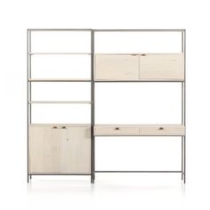 an open shelving unit with drawers and shelves on each side, against a white background