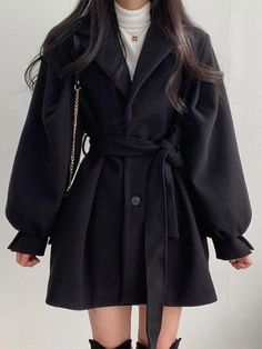 Puff Sleeve Belted Woolen Coat – AnotherChill Preppy Mode, Woolen Coat Woman, Estilo Preppy, Belted Coat, Wool Blend Coat, Woolen Coat, Turndown Collar, Trench Coats Women, Solid Clothes