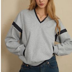 Reposhing This Item I Purchased From @Lindsaynicolepm. Loved It, But Ready To Rotate For Something New. Questions? Leave A Comment Below! Oversized Gray Varsity Sweatshirt, Varsity Sweatshirt, Oversized Sweatshirt, Contrast Trim, Blue Gray, Blue Grey, Color Blue, Sweaters For Women, Trim