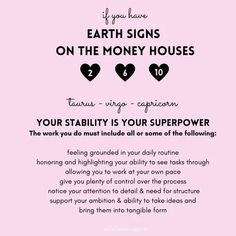 a pink poster with black hearts and the words earth signs on the money houses