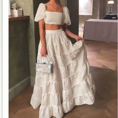 White Two Piece Set! Fits Like A Size Medium :) Never Worn!!! Satin Skirt Outfit Summer, 22th Birthday, Boho Beach Outfit, White Two Piece Set, Skirt Aesthetic, White Prom, White Long Skirt, White Two Piece, Clothing Aesthetic