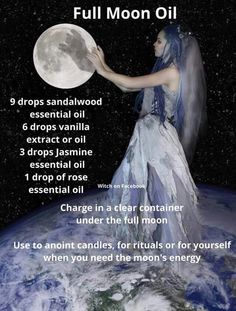 Magic Essential Oil Blends, Evil Eye Oil Recipe, Witch Oils Recipe, New Moon Oil, Full Moon Oil, Moon Oil