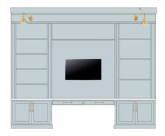 a drawing of a tv mounted on the side of a blue cabinet with gold handles