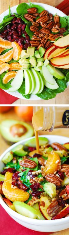 two pictures show different types of fruit and nuts in a bowl, with the same toppings on each side