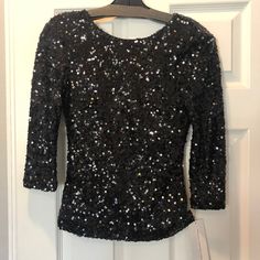 New With Tags Never Worn Zipper Back Black Crew Neck Top With Sequins, Black Sequined Crew Neck Top, Black Sequined Tops For Winter, Black Long Sleeve Top For Party Season, Black Crew Neck Blouse For Evening, Black Sequined Tops For Spring, Fitted Black Tops For Party Season, Sequin Shirt, French Connection